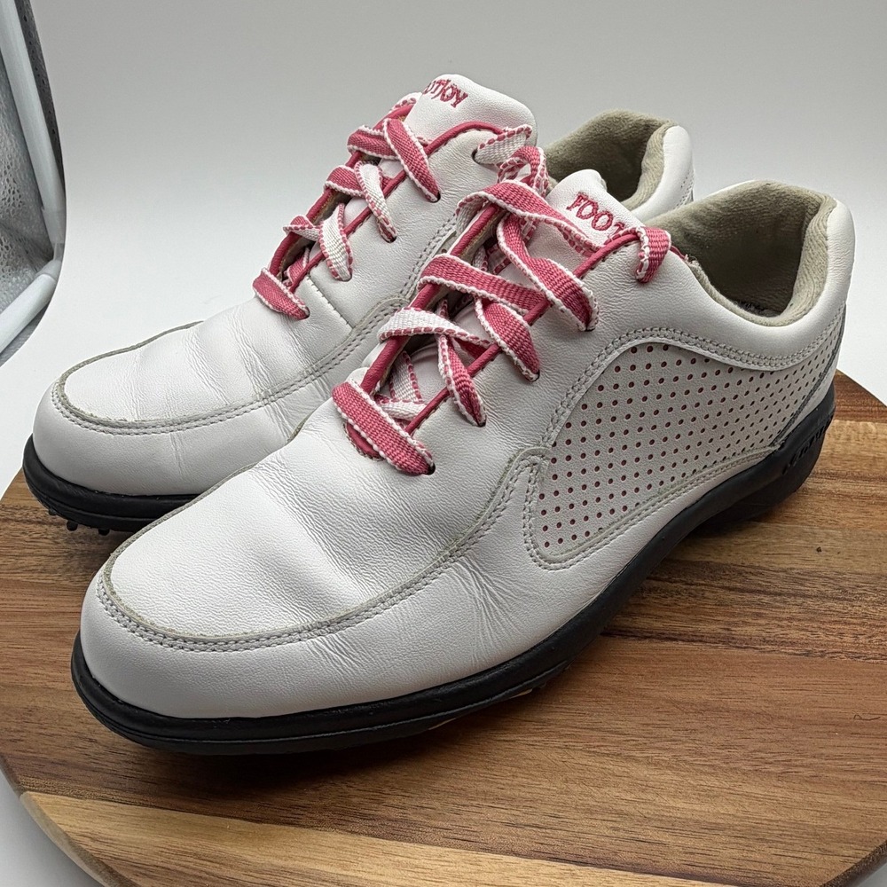 FootJoy LoPro Women's Size 7M Golf‎ Shoes White Pink Leather Softspikes  0420